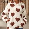 Damen-Kapuzenpullover mit herzförmigem Print, flauschig, für Herbst und Winter