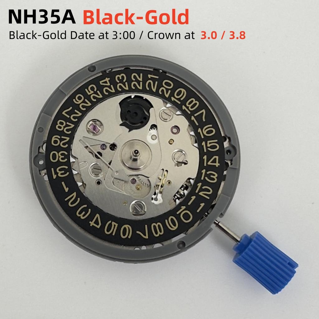 Japan Genuine NH35 NH35A Mechanical Movement Black-Gold Datewheel 3.0/.8 Crown Version 24 Jewels High Accuracy 4R35B Mod Parts