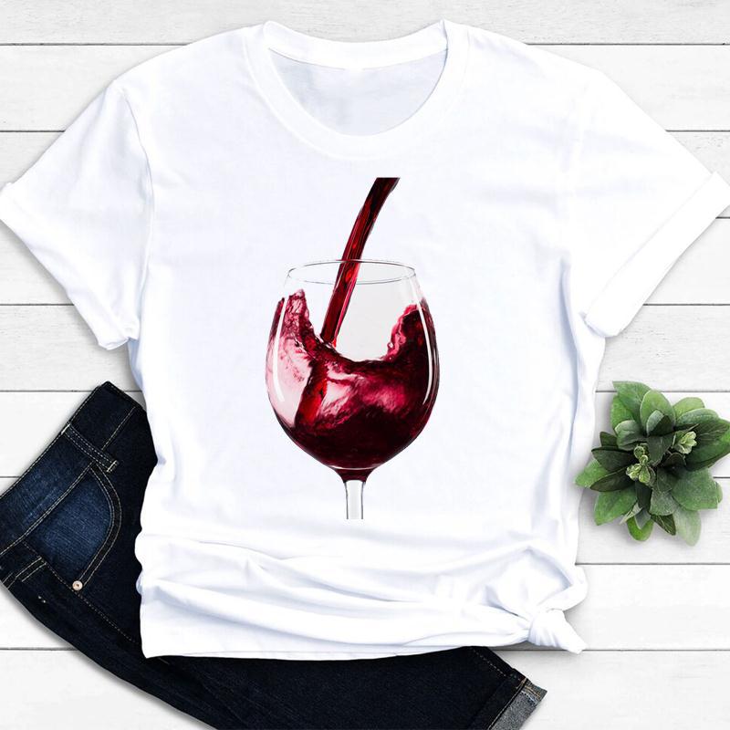 Womens Vintage Tee Color Wine Glass Print a Generation Hair Base Shirt Trend Aesthetic Graphic T Shirts Casual Tops