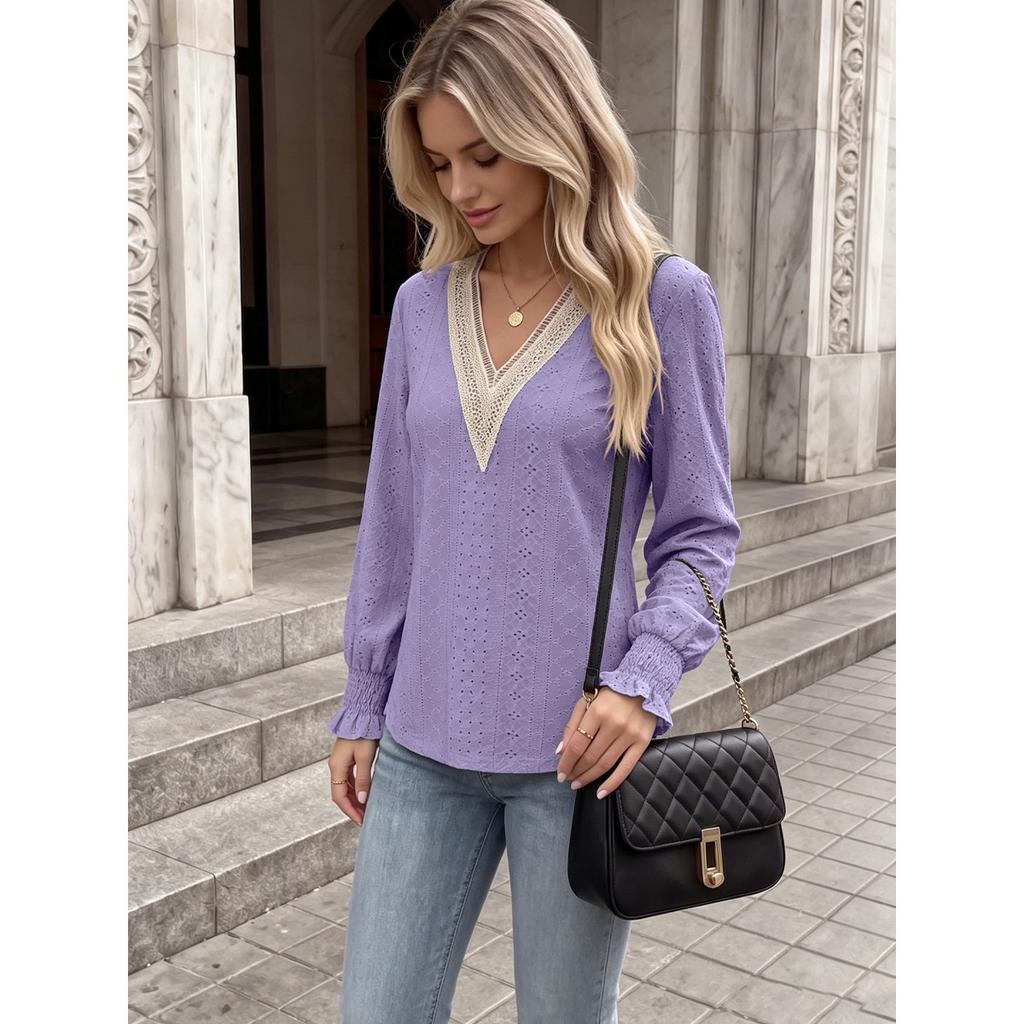 Fall Winter New Solid Color V-Neck Lace Splicing Loose Long Sleeve T-Shirt Top for Amazon EU US Cross-border Trade