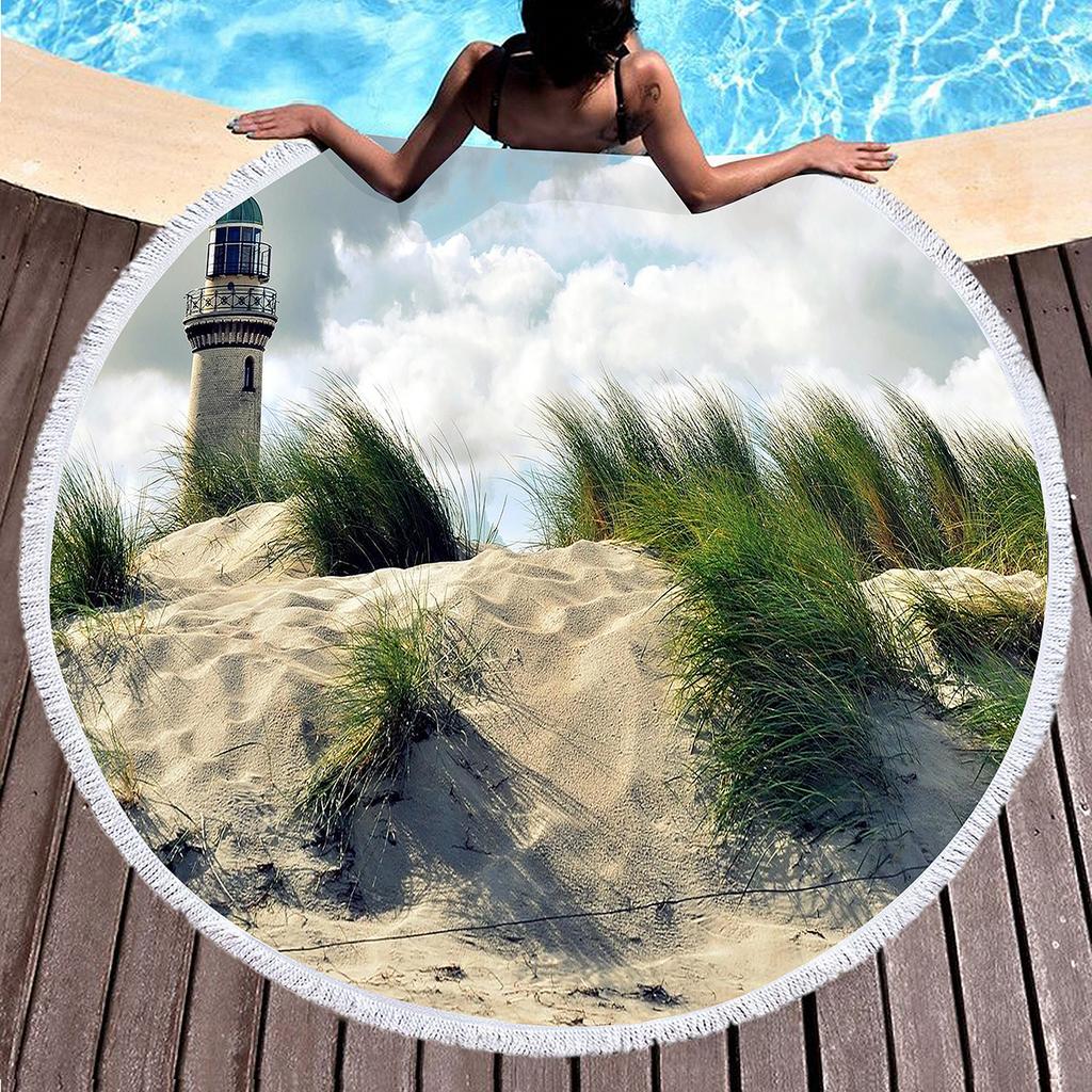 Lonely Lighthouse Printed Round Beach Towel,Polyester Sand Resistant Beach Blanket,Absorbent Quick Dry Pool Towel Picnic Mat