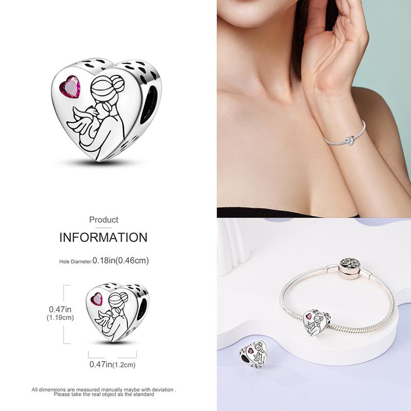 Copper Heart Charms Fits Original Bracelet Heart Pattern Mom & Angel Baby Zircon Charms For Women Gifts