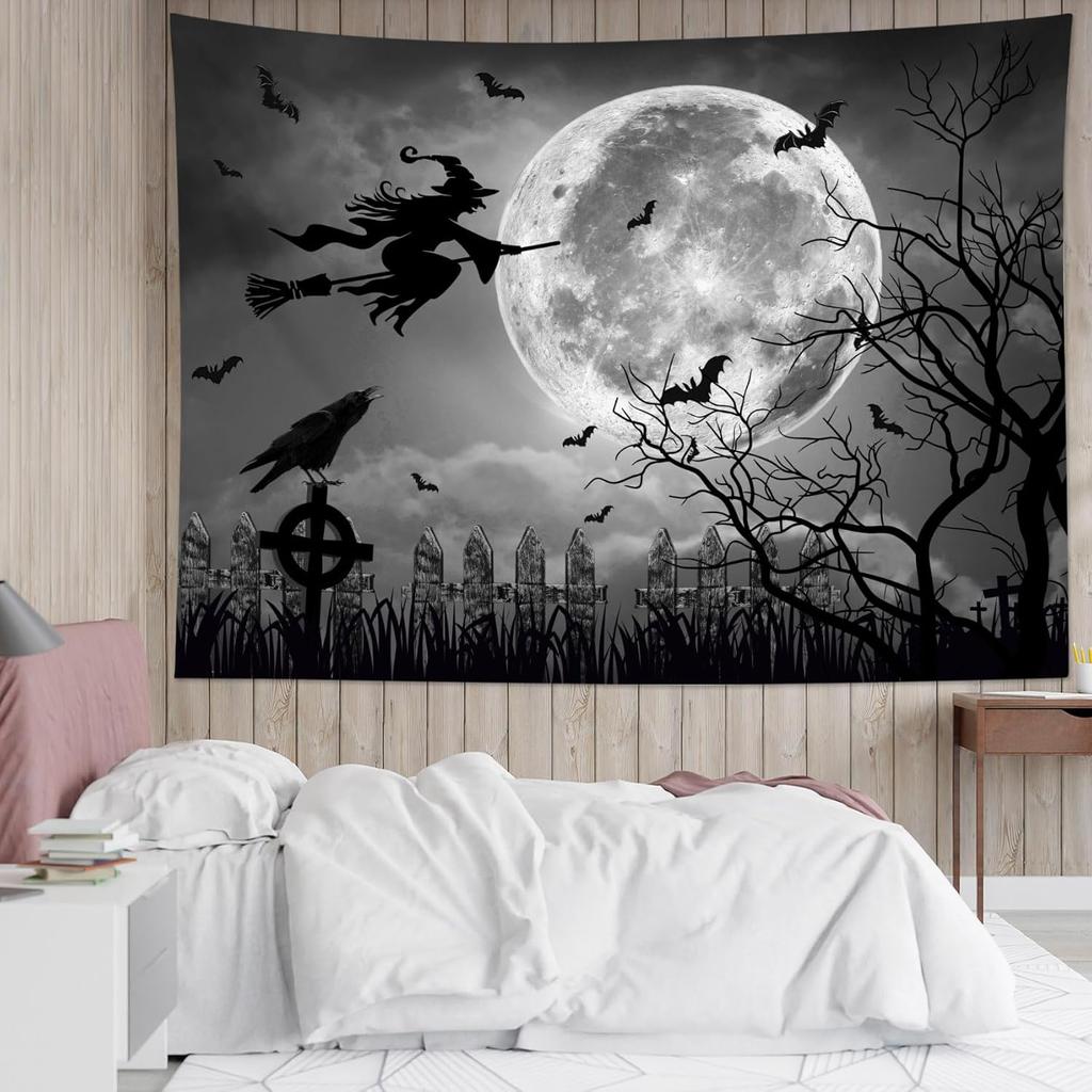 MEUNEAR Halloween Tapestry Scary Full Moon Night Witch and Black Crow Bat Tapestry Wall Hanging Spooky Grey Dead Tree Forest Wal