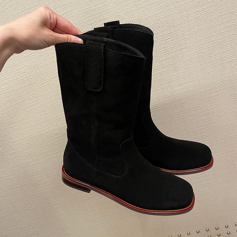 Krazing Pot Chaussures en daim de vache pour femme, bottes mi-mollet à bout rond et talons bas épais, collection automne-hiver