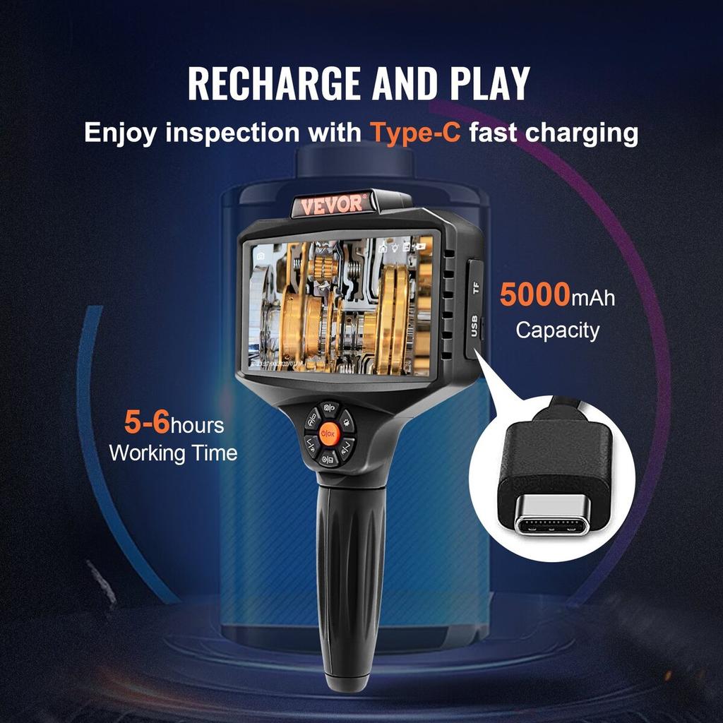 Triple Lens Inspection Camera with Light, 5" IPS Screen Industrial Borescope, 8X Zoom 1080P HD Split Screen, 10 LED Lights Scope Camera for