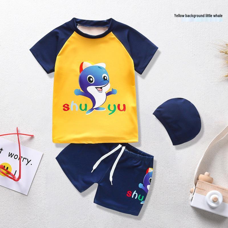 Cartoon Boys' Toddler Sun Protection Quick-Dry Swimsuit Set with Swim Cap