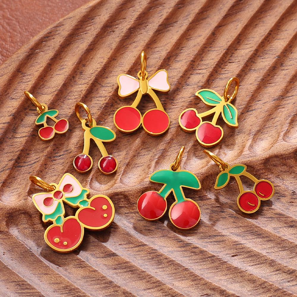 New Sweet Red Cherry Enamel Stainless Steel DIY Fruit Bracelet Necklace Pendant