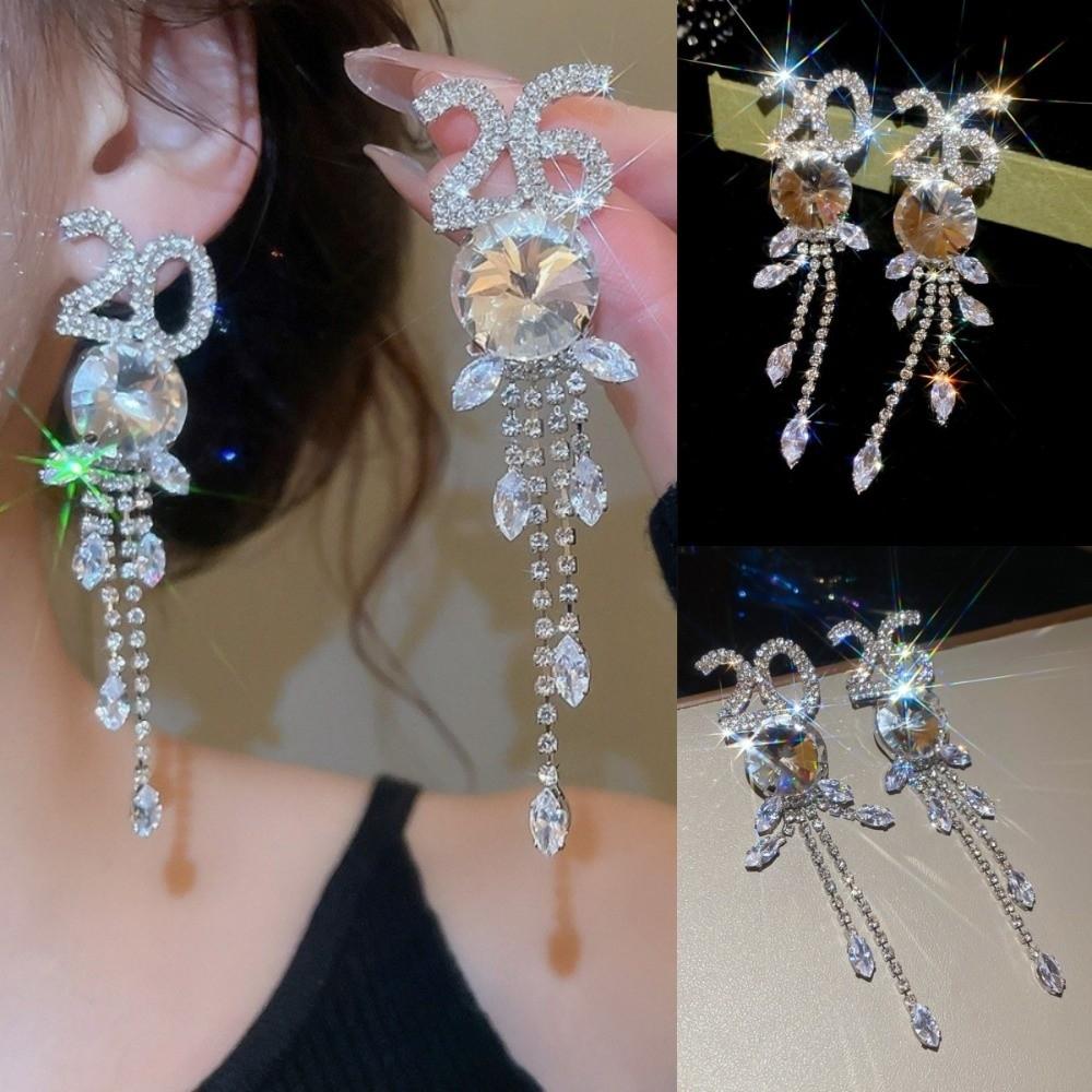 2026 Pendant Rhinestone Tassel Earrings Jewelry Number Earrings  Valentine's Day Gift