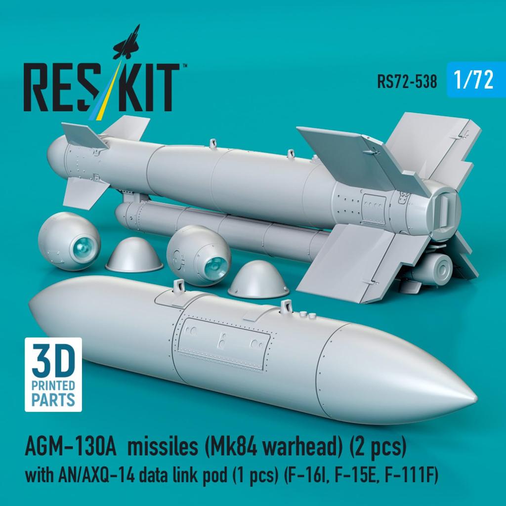 Reskit Missile with Data Link Pod Plastic Model Kit Parts 1/72 AGM-130A (2 Pieces) AN-AXQ-14 (1 Piece) RSK72-0538 (Airplane)