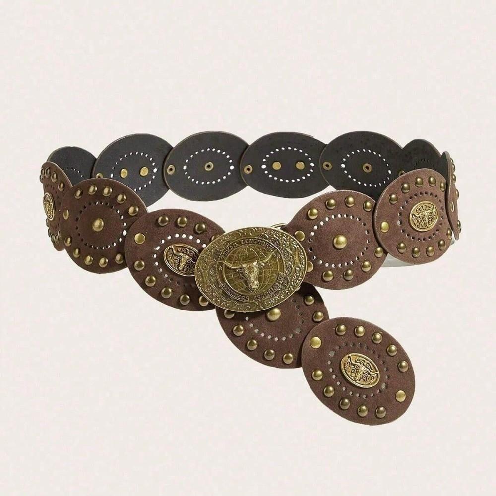 Wide Western Waist Belt Cow Head Buckle PU Leather Belt Ethnic Style Cowboy Belt Casual Wear