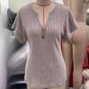 Exquisite Ribbed Round Neck Notched T-shirts Comfortable and Versatile Cashmere Short Sleeved Women's T-shirts