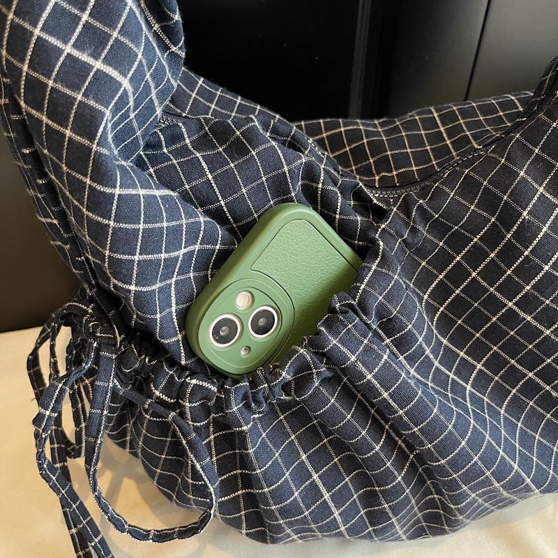 Women's Large Capacity Crossbody Bag Canvas Pleated Plaid Nylon Bag Commuter Shoulder Bag