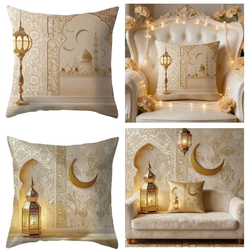 Soft Short Plush Cushion Cover Gold Moon Ethnic Festival Print 45x45cm Standard Size for Home Decoration
