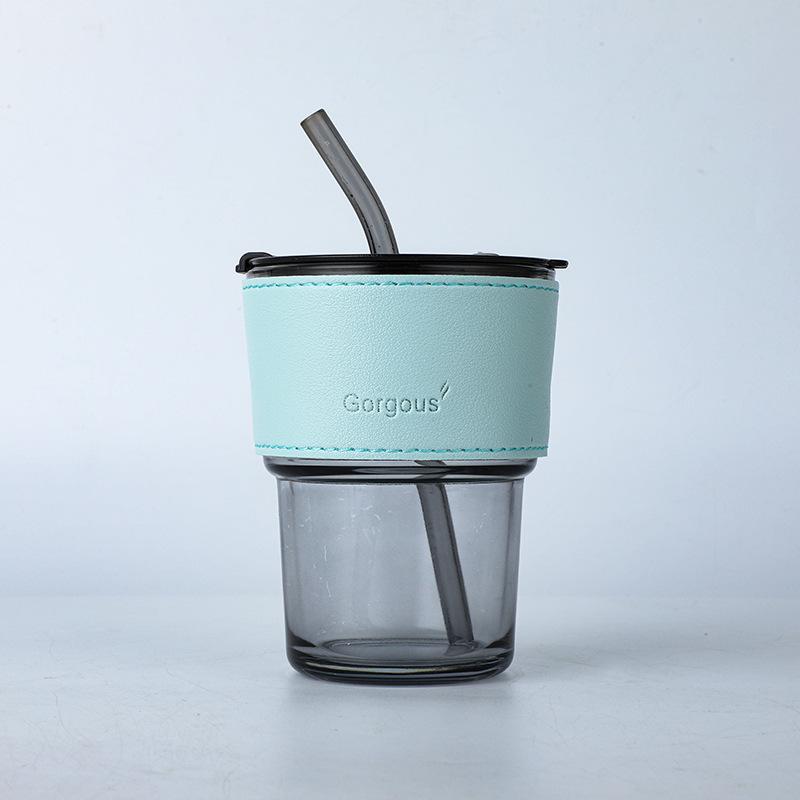 Vertical Pattern Bamboo Cup Glass Transparent Household Striped Water Cup Office Straw Cup with Lid Ins Style Coffee Cup