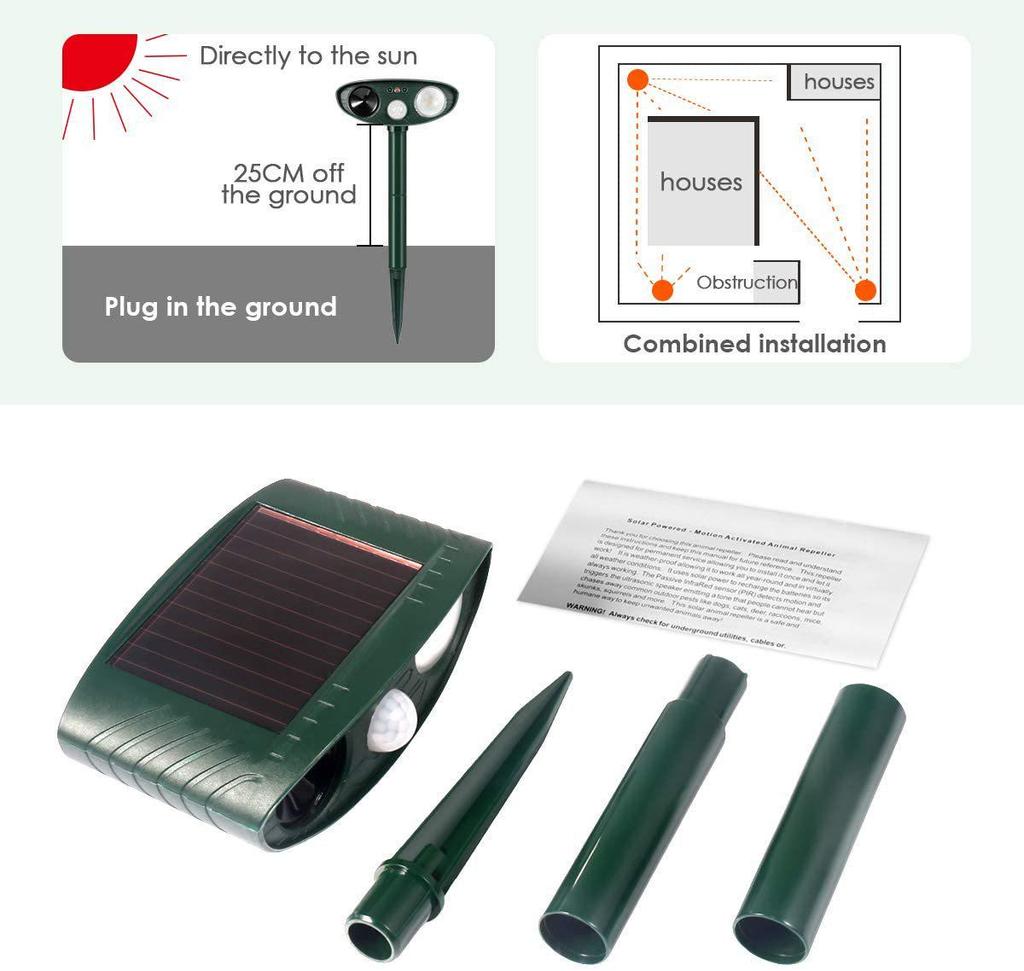 Solar Ultrasonic Animal and Bird Repeller with Infrared Sensing