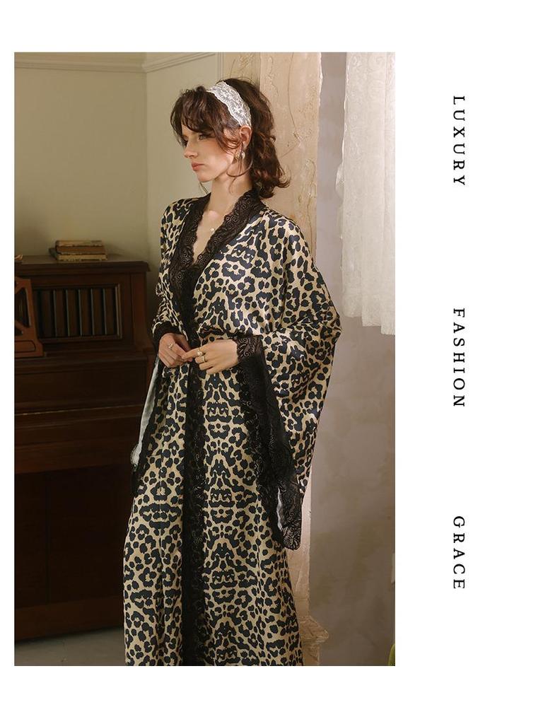 Leopard Print Lace Patchwork Robe with Flare Sleeves - Women's Tie-Up Bathrobe, Sexy Homewear