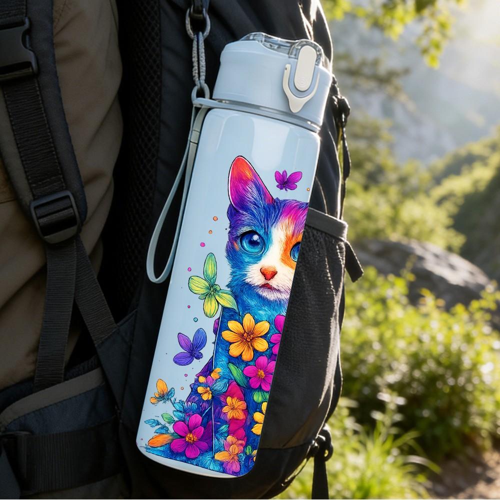 1PC Colorful Cat Psychedelic Art Print 750ml Color Plastic Sports Water Bottle Leakproof Flip Straw Lid Suitable for Sports Office Home Use