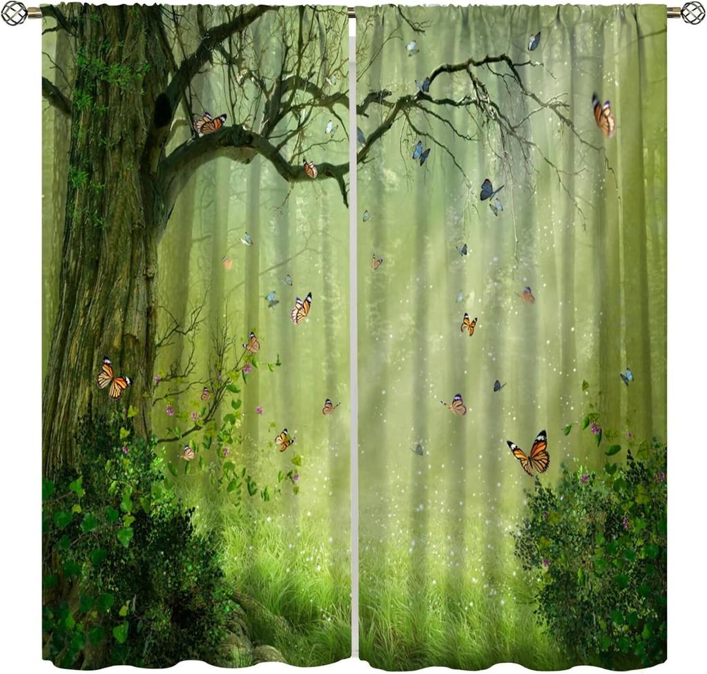 Fantasy Forest Blackout Curtains Mysterious Jungle Forest Round Door Pink Rose Pattern Living Room Curtains Kitchen Bedroom