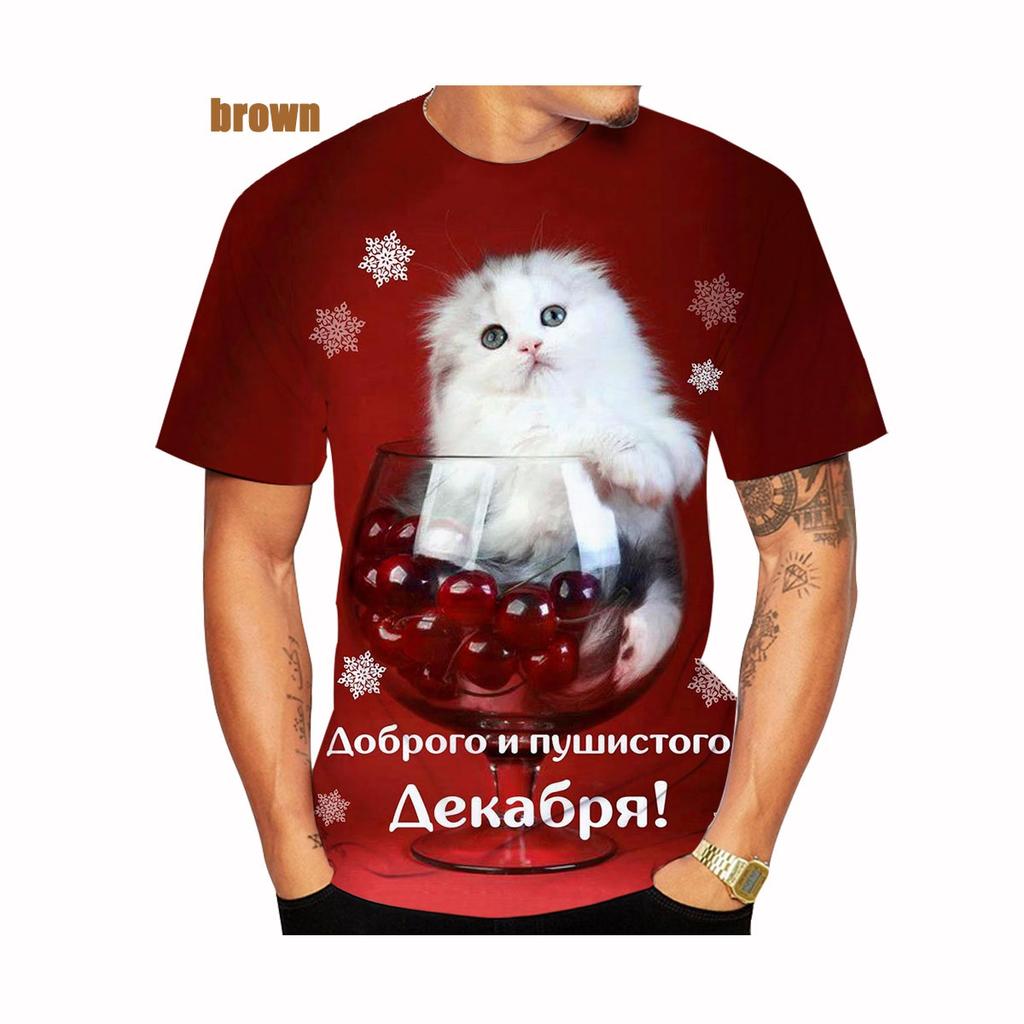 Nueva Moda Camiseta Navideña Estampada en 3D Popular Unisex Camisetas Árbol de Navidad Muñeco de Nieve Gato Estampado Manga Corta