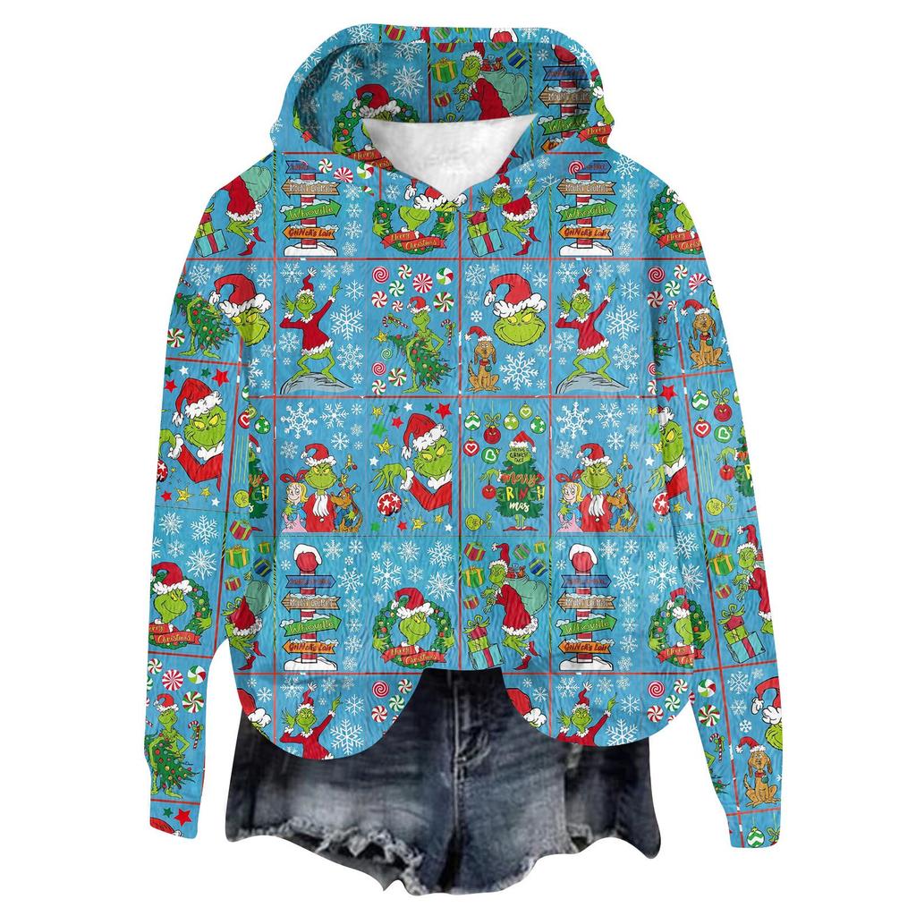 Women's Hooded Long Sleeve Christmas Printed Flannel Top Hooded Sweatshirt
