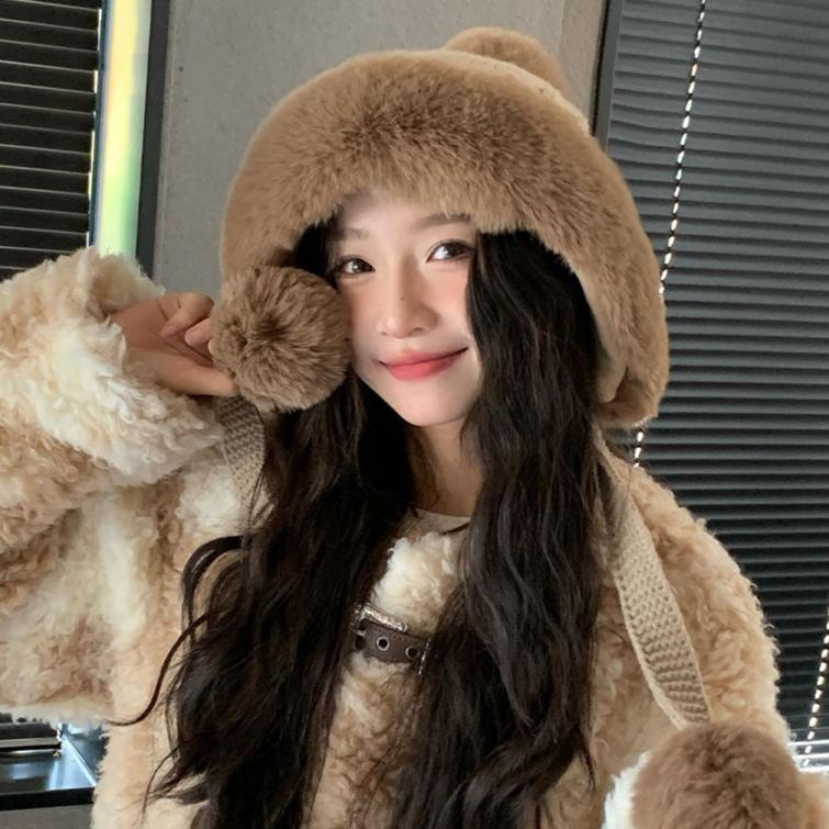 Plush Lei Feng Hat Women's Winter Plush Thickened Warm Ear Protection Riding Windproof and Cold-proof Wool Knitted Hat
