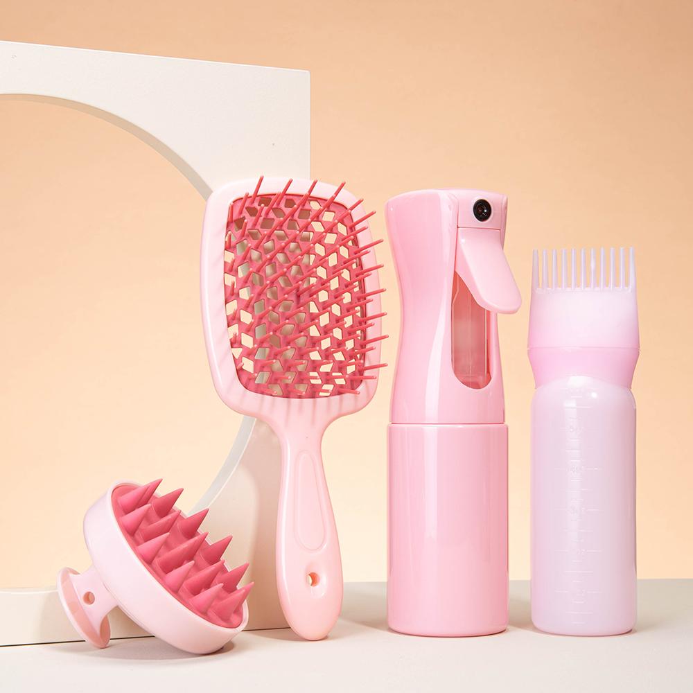 4 Teile/satz Rosa Silikon Kopfhaut Massage Kamm Entwirren Haar Pinsel Friseur Haar Farbstoff Applikator Flasche Salon Styling Werkzeuge