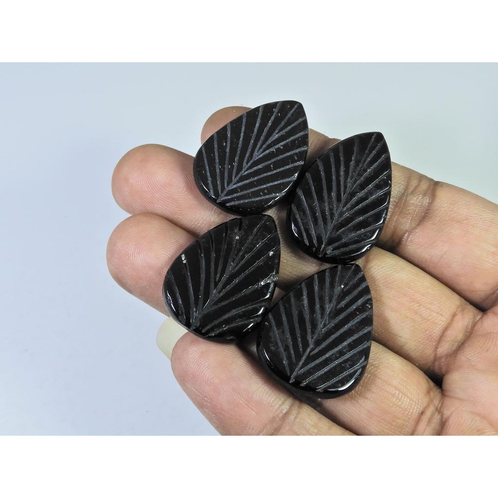 93Cts. Black Onyx Leaf Carving Pear Cabochon Loose Gemstone 04 Pcs Lot C-1859