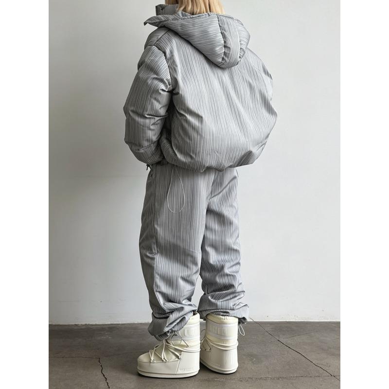 Women Loose Drawstring Striped Warm Thick Hooded Winter Puffer Coat