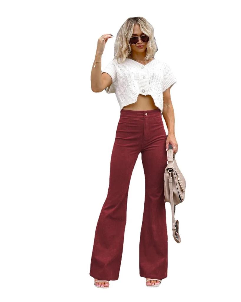 2023 jesienne sztruksowe luźne jednokolorowe spodnie typu casual damskie zimowe spodnie z wysokim stanem damskie spodnie rozkloszowane Streetwear Pantalon 29547