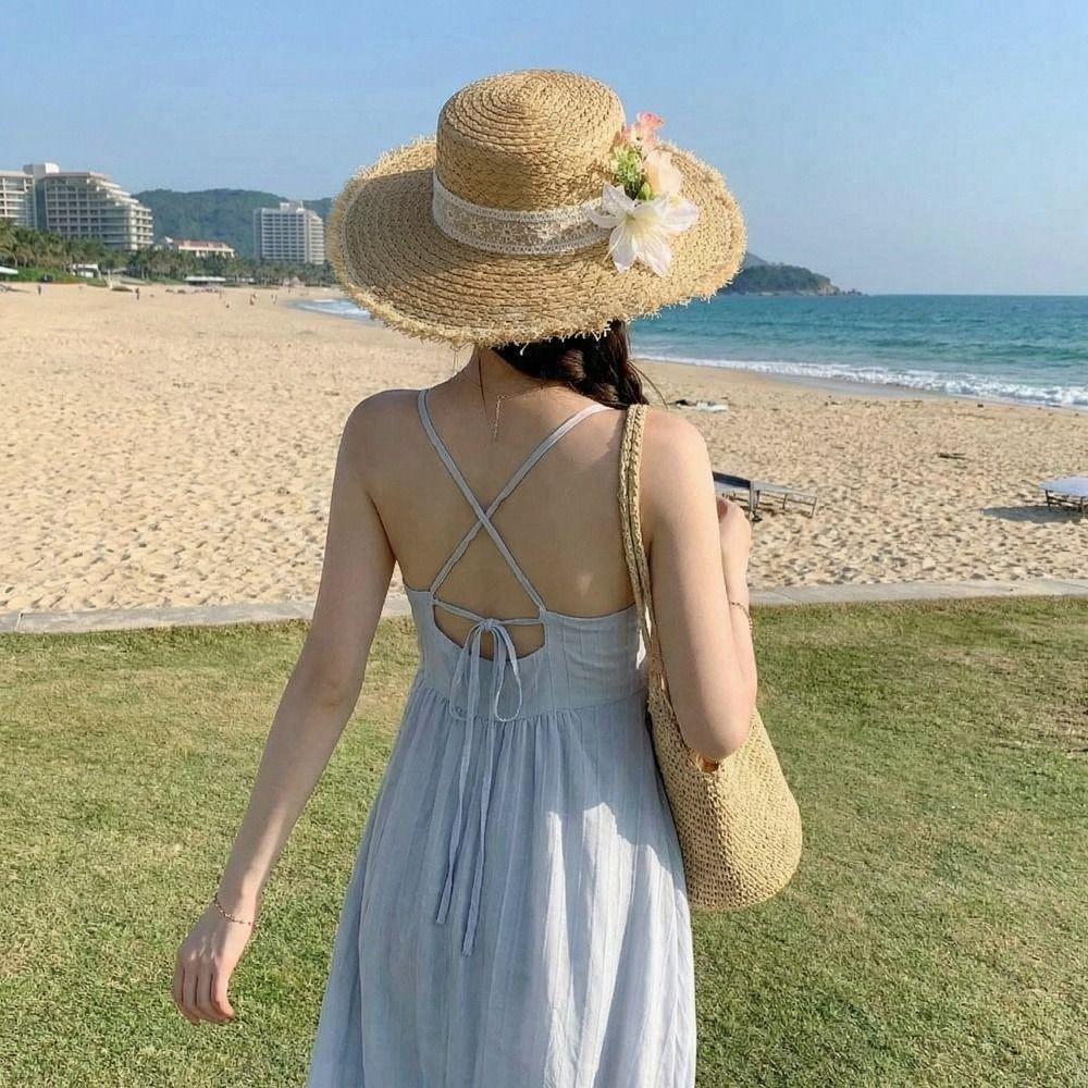Wide Brim Lace Flower Straw Hat Boho UV Protection Cap Comfortable To Wear Weave Flat Cap  Travel