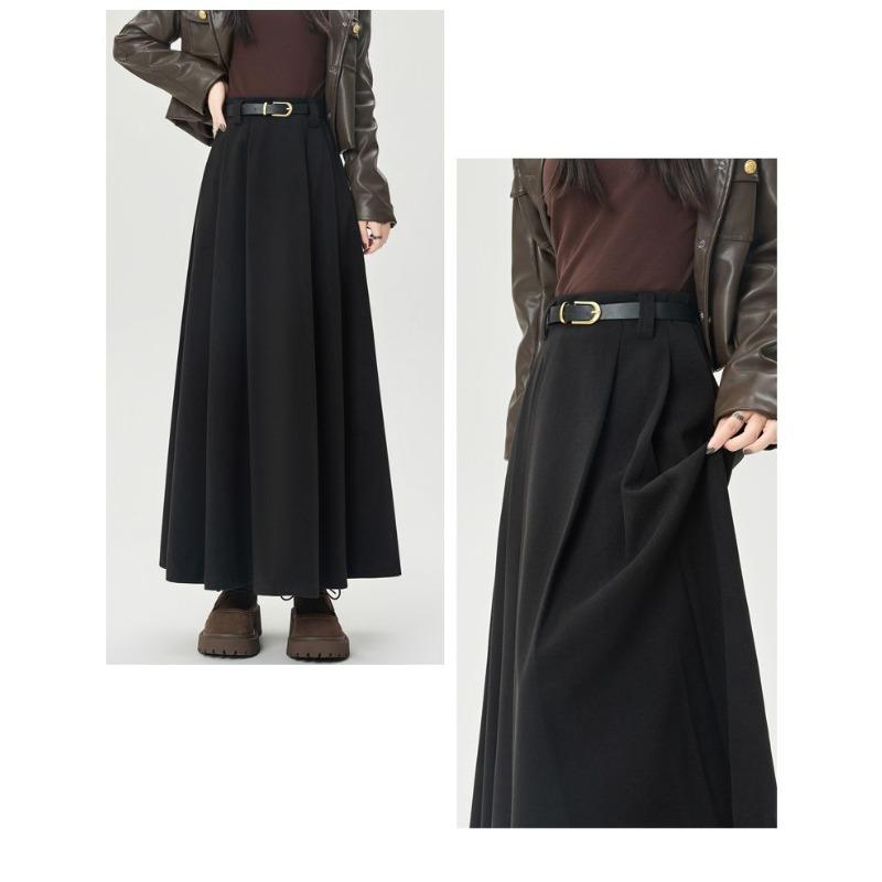 Winter Autumn High Waist Wool Pleated Skirt Women A Line Midi Skirt Solid Color Flared Skirt Slimming Long Skirt