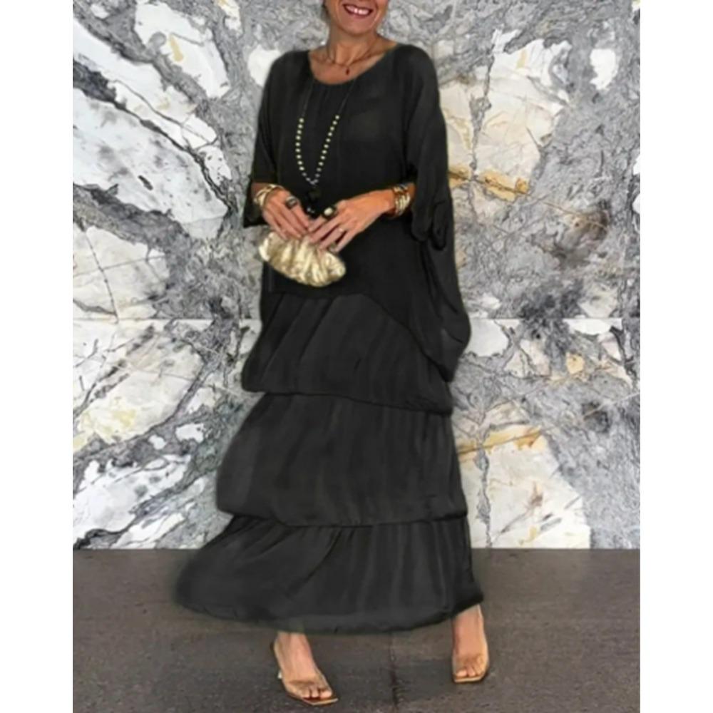 

HNXC Жіночі Модні Літні Весняні Однотонні Сукні з Коротким Рукавом та Круглим Вирізом XXL чорний