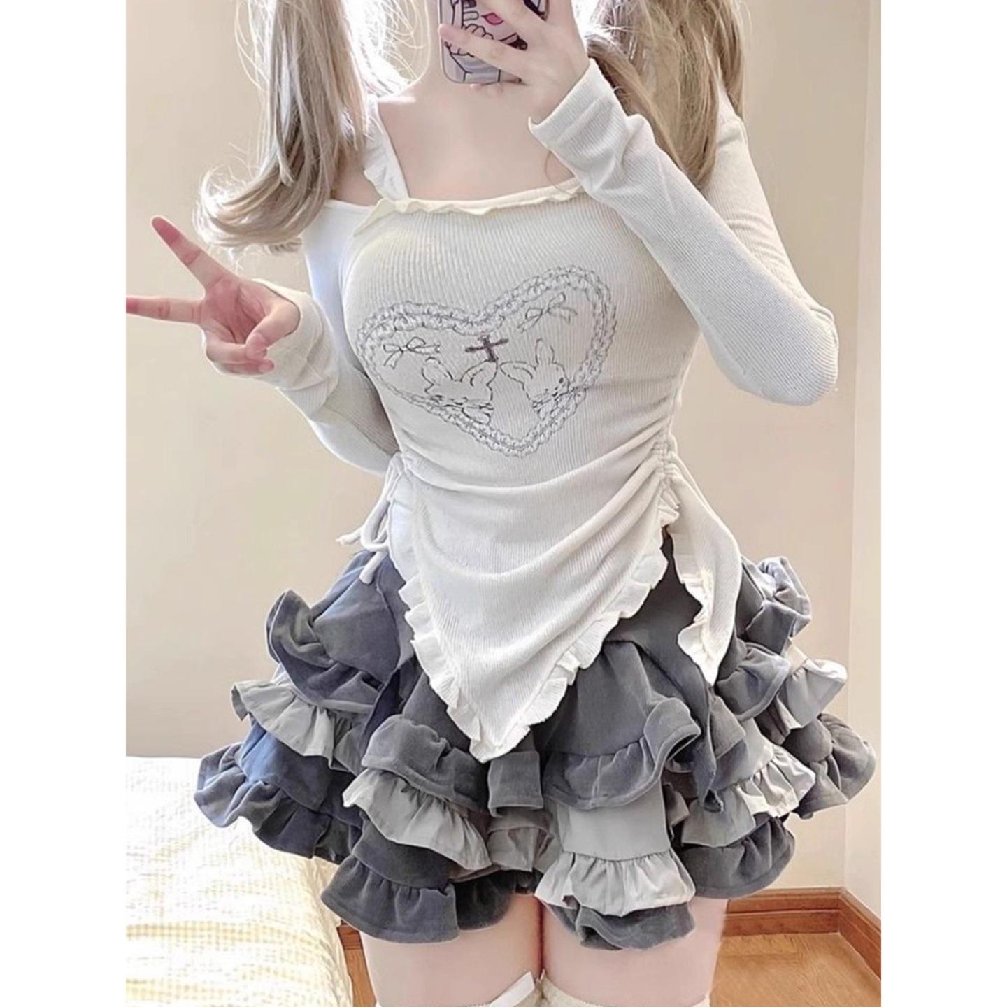 

Pure desire sexy hottie waist one-word shoulder suspender autumn shirt irregular hem niche t-shirt women XL