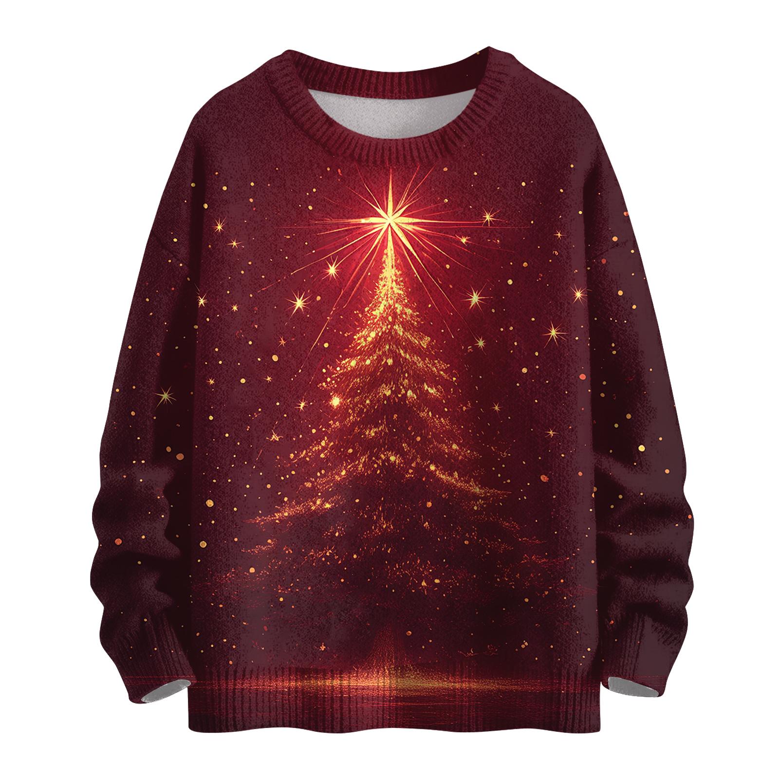 

Женский модный повседневный трикотажный свитер с длинным рукавом и рождественским принтом, круглый вырез XL арбуз красный