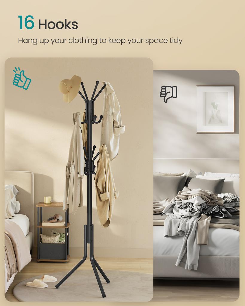 SONGMICS Coat Rack, Metal Coat Tree, Freestanding Organizer for Clothes, Bags, Hats, 175 cm Tall, 16 Hooks, for Entryway, Living Room, Bedroom