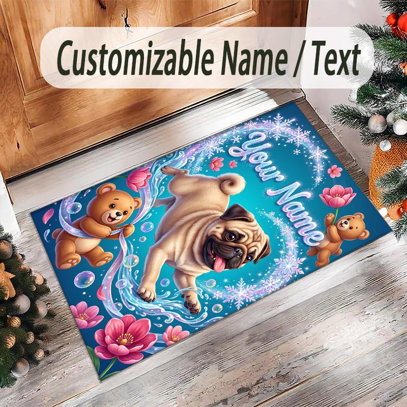 Pug Theme Crystal Velvet Floor Rug Personalized Custom Name Text Warm Carpet Home Decoration