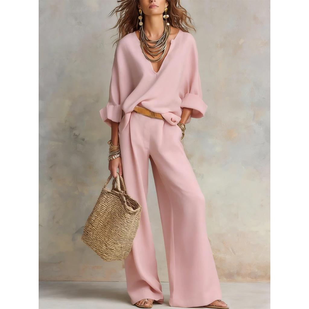 Women's Loose Casual Two-Piece Set Three Quarter Sleeve V Neck Blouse High Waist Wide Leg Pants Outfit