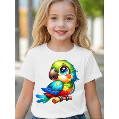 Girls Summer Crewneck T-Shirt, Vibrant Colorful Cartoon Parrot Print