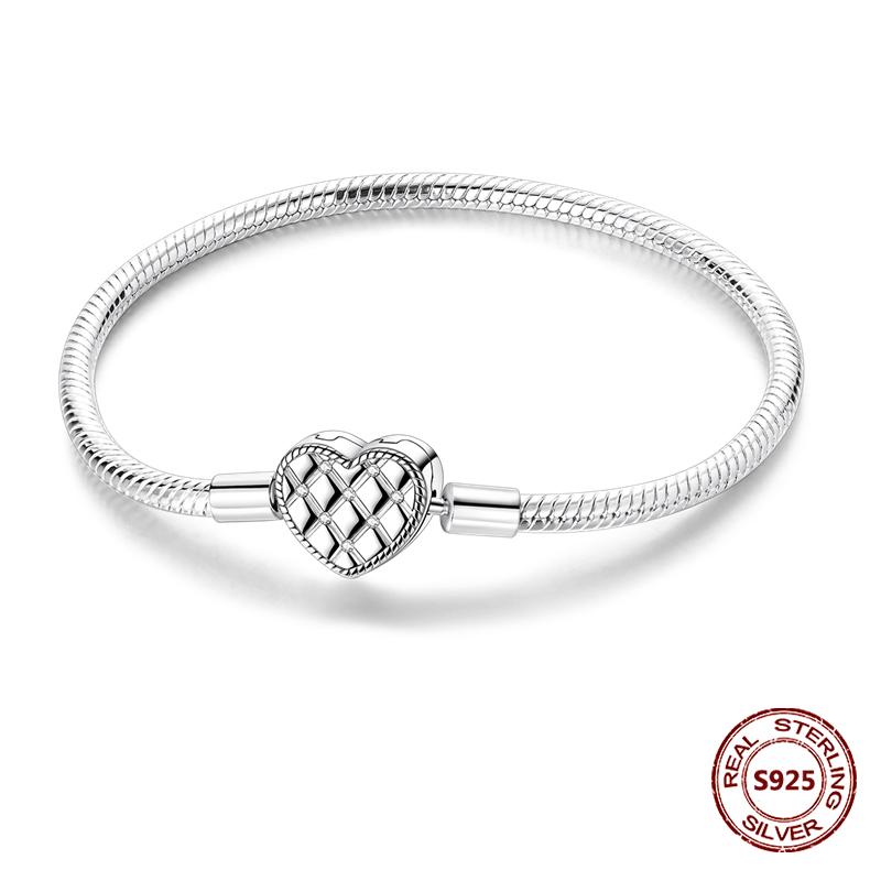 Pink Love Heart Silver 925 Bracelet Original Bracelets Zircon Cat Paw Snake Chain For DIY Charms 17-20CM Wedding Jewelry Gifts