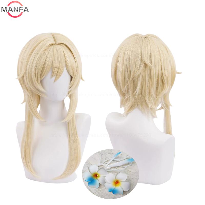 In Sstock Traveller Lumine Cosplay Wig Mid Long Blonde Heat Resistant Synthetic Hair Game Anime Genshin Cosplay Wigs + WigCap
