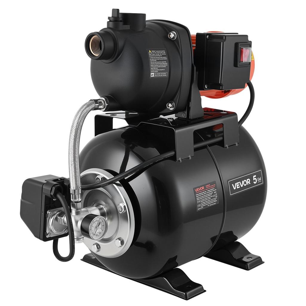 1,1 PS Flachbrunnenpumpe mit Druckbehälter, 230V 5000 LPH, Kunststoff-Bewässerungs-Jetpumpe mit 19 L Tank, Automatisches Wasserversorgungs- und Transfer-System,
