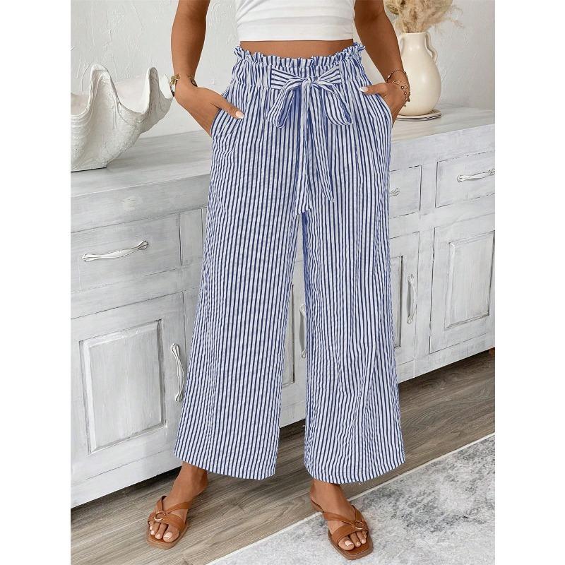 Jaro a Léto Nové Evropské Americké Oblečení Pruhované Ležérní Elegantní Rovné Kalhoty pro Ženy