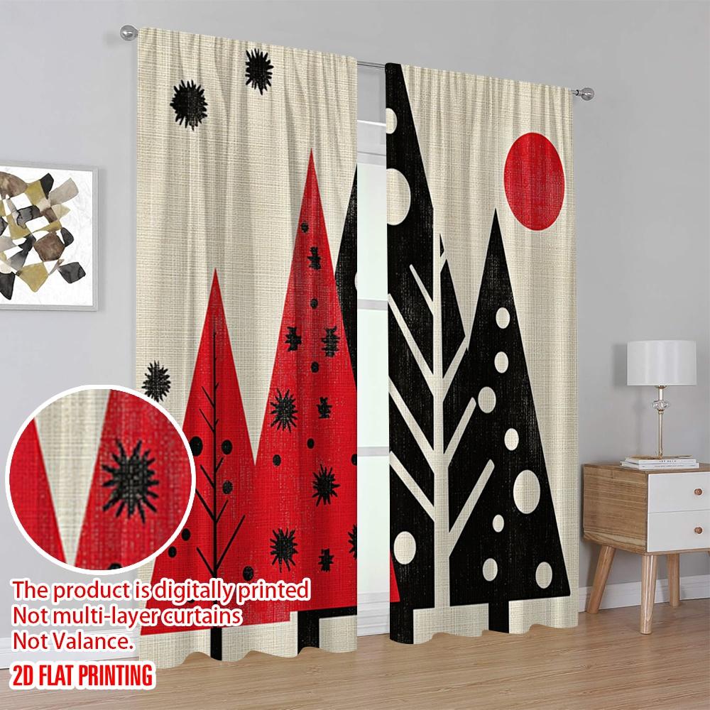 2pcs,2D plane printing Popular Curtains Buffalo Plaid Christmas Trees Snowflakes (1) Versatile Polyester (without rod) Festive