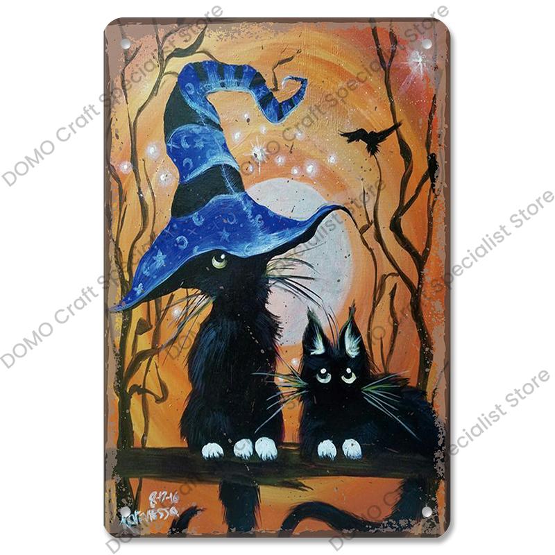 Happy Halloween Retro Poster Metal Plate Jack-O-Lantern Black Cat Witch Metal Tin Signs Vintage Halloween Party Living Room Home