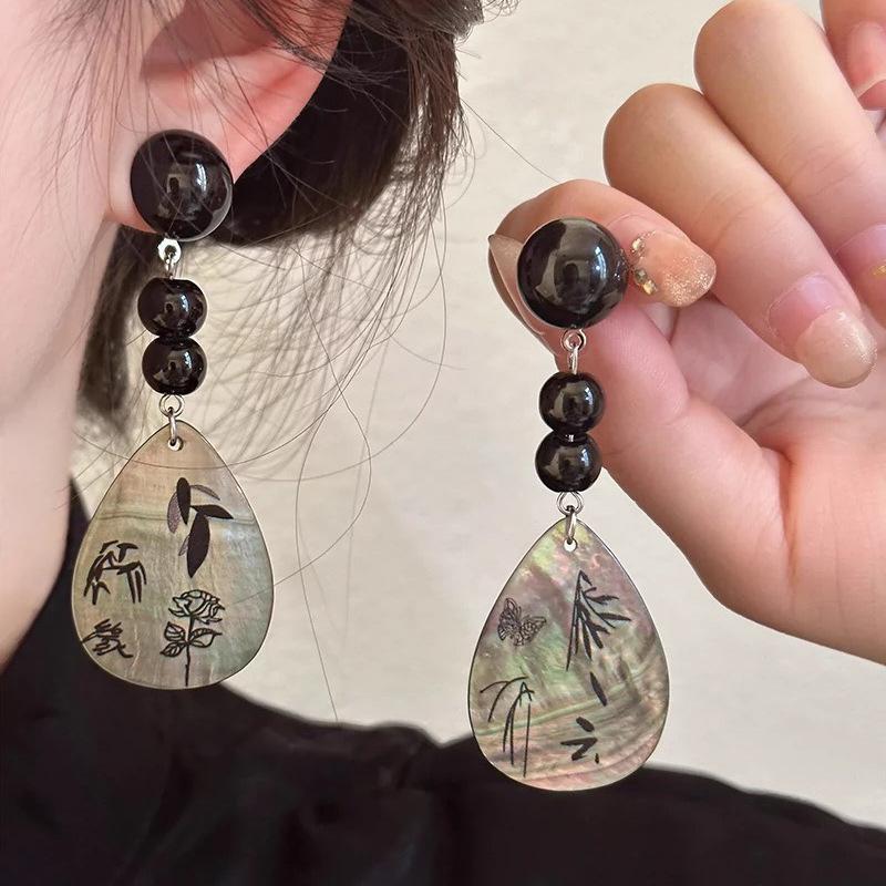 Ancient style super fairy bamboo flower pearl fringed stud earrings ear hook explosion Chinese style versatile earrings earrings