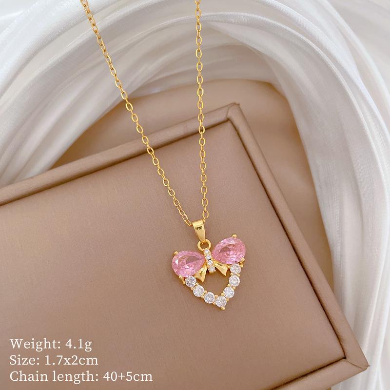 Bow Love Zircon Light Luxury Temperament Gorgeous Full Diamond Necklace Female Versatile Collarbone Chain Titanium Steel Chain