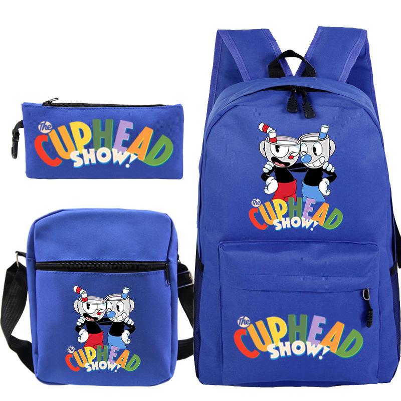 Cartoon Teacup Head Cuphead Student School Bag Backpack Three-piece Set Children's Shoulder Bag Pencil Bag