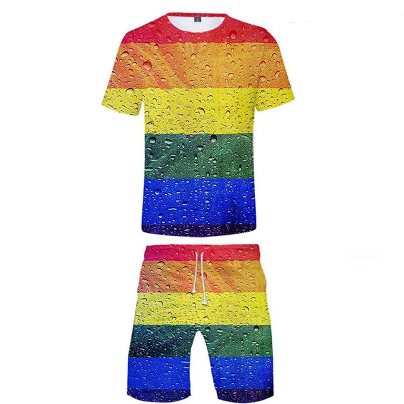 Elemente colorate Moda Imprimare 3D Bărbat Femei Seturi de tricouri Curcubeu LGBT Tricou Pantaloni scurți Set din două piese Casual Harajuku Streetwear