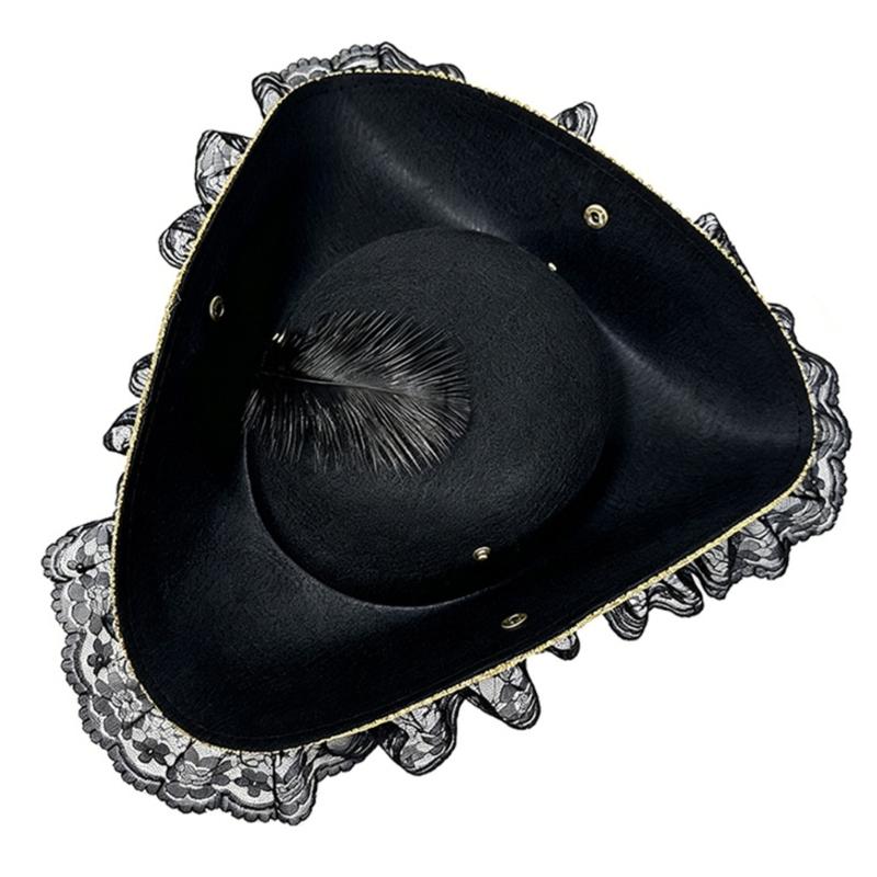 Stylish Black Pirate Hat With Lace And Feather Detail Halloween Cosplay Hat Perfect For Costume Parties