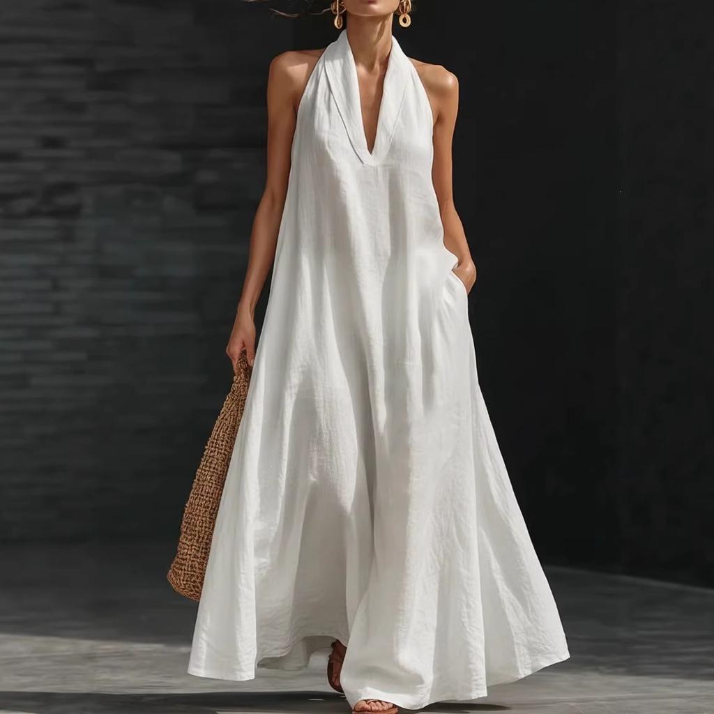 European and American new summer women's casual solid color V-neck dress skirt